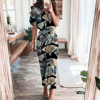 Damen Sommerkleid Taille Asymmetrischer Saum Kurzarm Kleid - Schwarze Fans