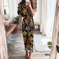 Damen Sommerkleid Taille Asymmetrischer Saum Kurzarm Kleid - Schwarze Blätter