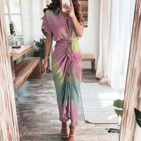 Damen Sommerkleid Taille Asymmetrischer Saum Kurzarm Kleid - Kontrastierendes Rosenrot