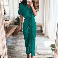 Damen Sommerkleid Taille Asymmetrischer Saum Kurzarm Kleid - Dark green
