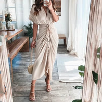 Damen Sommerkleid Taille Asymmetrischer Saum Kurzarm Kleid - Lokaler Goldchampagner