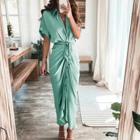 Damen Sommerkleid Taille Asymmetrischer Saum Kurzarm Kleid - Grün hellgrau