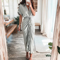 Damen Sommerkleid Taille Asymmetrischer Saum Kurzarm Kleid - Hellgrau