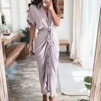 Damen Sommerkleid Taille Asymmetrischer Saum Kurzarm Kleid - Hellviolett