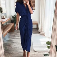 Damen Sommerkleid Taille Asymmetrischer Saum Kurzarm Kleid - Marineblau