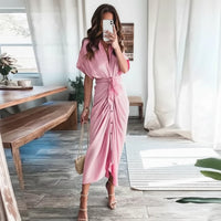 Damen Sommerkleid Taille Asymmetrischer Saum Kurzarm Kleid - Rosa