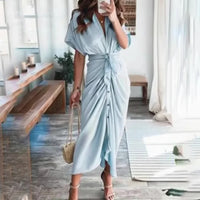Damen Sommerkleid Taille Asymmetrischer Saum Kurzarm Kleid - Himmelblau