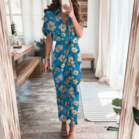 Damen Sommerkleid Taille Asymmetrischer Saum Kurzarm Kleid - Kleine blaue Blumen