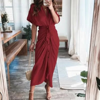 Damen Sommerkleid Taille Asymmetrischer Saum Kurzarm Kleid - Weinrot