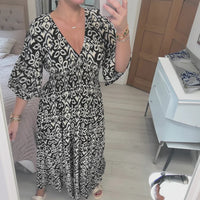 Sommerkleid Damen Bohemian V-Ausschnitt Freizeit Urlaub - Schwarz