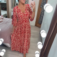 Sommerkleid Damen Bohemian V-Ausschnitt Freizeit Urlaub - Rot