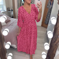 Sommerkleid Damen Bohemian V-Ausschnitt Freizeit Urlaub - Rosa
