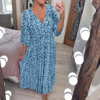 Sommerkleid Damen Bohemian V-Ausschnitt Freizeit Urlaub - Himmelblau