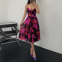 Damen Sommerkleid Cocktail Blumen Midi Freizeitkleid - Schwarz Rosa