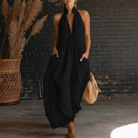 Damen Sommerkleid Ärmellos Tiefer Ausschnitt Midikleid - Schwarz