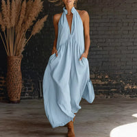 Damen Sommerkleid Ärmellos Tiefer Ausschnitt Midikleid - Blau