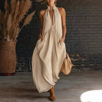 Damen Sommerkleid Ärmellos Tiefer Ausschnitt Midikleid - Khaki