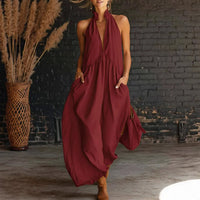 Damen Sommerkleid Ärmellos Tiefer Ausschnitt Midikleid - Rot