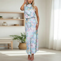Damen Sommerkleid Blumen Rückenfrei Langes Maxikleid Abend - Blau