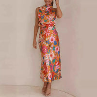 Damen Sommerkleid Blumen Rückenfrei Langes Maxikleid Abend - Orange