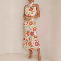 Damen Sommerkleid Blumen Rückenfrei Langes Maxikleid Abend - Weiß
