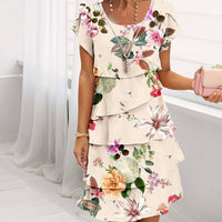 Sommerkleid Damen Blumen Kaskade Urlaub Freizeit - Beige