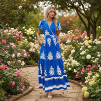 Damen Sommerkleid Blumenmuster Kurzes Freizeit Kleid - Blau