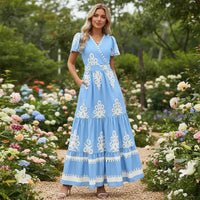 Damen Sommerkleid Blumenmuster Kurzes Freizeit Kleid - Hellblau