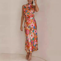 Damen Sommerkleid Neckholder Rückenfrei Maxi Strandkleid - Orange