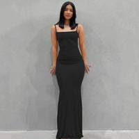 Damen Sommerkleid Lang Figurbetont Schlankes Maxikleid Freizeit - Schwarz
