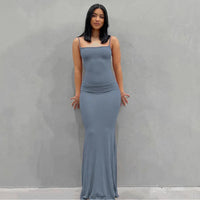 Damen Sommerkleid Lang Figurbetont Schlankes Maxikleid Freizeit - Blau