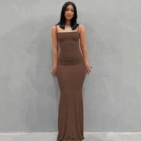 Damen Sommerkleid Lang Figurbetont Schlankes Maxikleid Freizeit - Braun