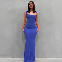 Damen Sommerkleid Lang Figurbetont Schlankes Maxikleid Freizeit - Dunkelblau