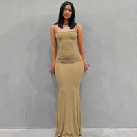 Damen Sommerkleid Lang Figurbetont Schlankes Maxikleid Freizeit - Khaki