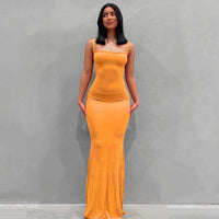 Damen Sommerkleid Lang Figurbetont Schlankes Maxikleid Freizeit - Orange