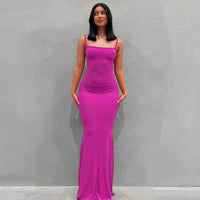 Damen Sommerkleid Lang Figurbetont Schlankes Maxikleid Freizeit - Rosenrot