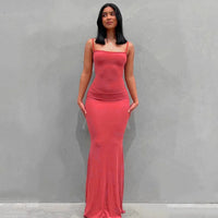 Damen Sommerkleid Lang Figurbetont Schlankes Maxikleid Freizeit - Wassermelone rot