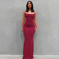 Damen Sommerkleid Lang Figurbetont Schlankes Maxikleid Freizeit - Weinrot