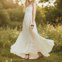 Damen Sommerkleid Lang Rückenfrei Boho Maxikleid Strand - Beigeweiß