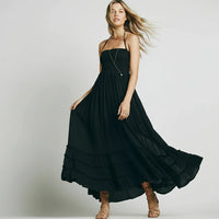 Damen Sommerkleid Lang Rückenfrei Boho Maxikleid Strand - Schwarz