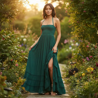 Damen Sommerkleid Lang Rückenfrei Boho Maxikleid Strand - Dunkelgrün