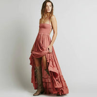 Damen Sommerkleid Lang Rückenfrei Boho Maxikleid Strand - Rosa