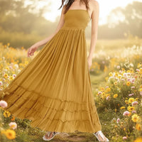 Damen Sommerkleid Lang Rückenfrei Boho Maxikleid Strand - Gelb