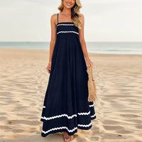 Damen Sommerkleid Lang Fließend Streifen Maxikleid Freizeit - Tiefblau