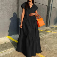 Damen Sommerkleid Locker V-Ausschnitt Saum Maxi Freizeitkleid - Schwarz