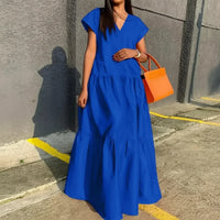 Damen Sommerkleid Locker V-Ausschnitt Saum Maxi Freizeitkleid - Blau