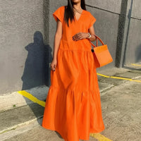 Damen Sommerkleid Locker V-Ausschnitt Saum Maxi Freizeitkleid - Orange