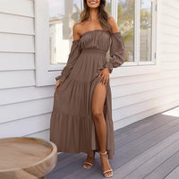 Damen Sommerkleid Schulterfrei Langarm Rüschen Midi Kleid - Kaffee