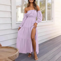 Damen Sommerkleid Schulterfrei Langarm Rüschen Midi Kleid - Hellviolett