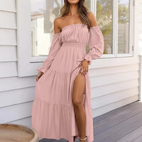 Damen Sommerkleid Schulterfrei Langarm Rüschen Midi Kleid - Rosa